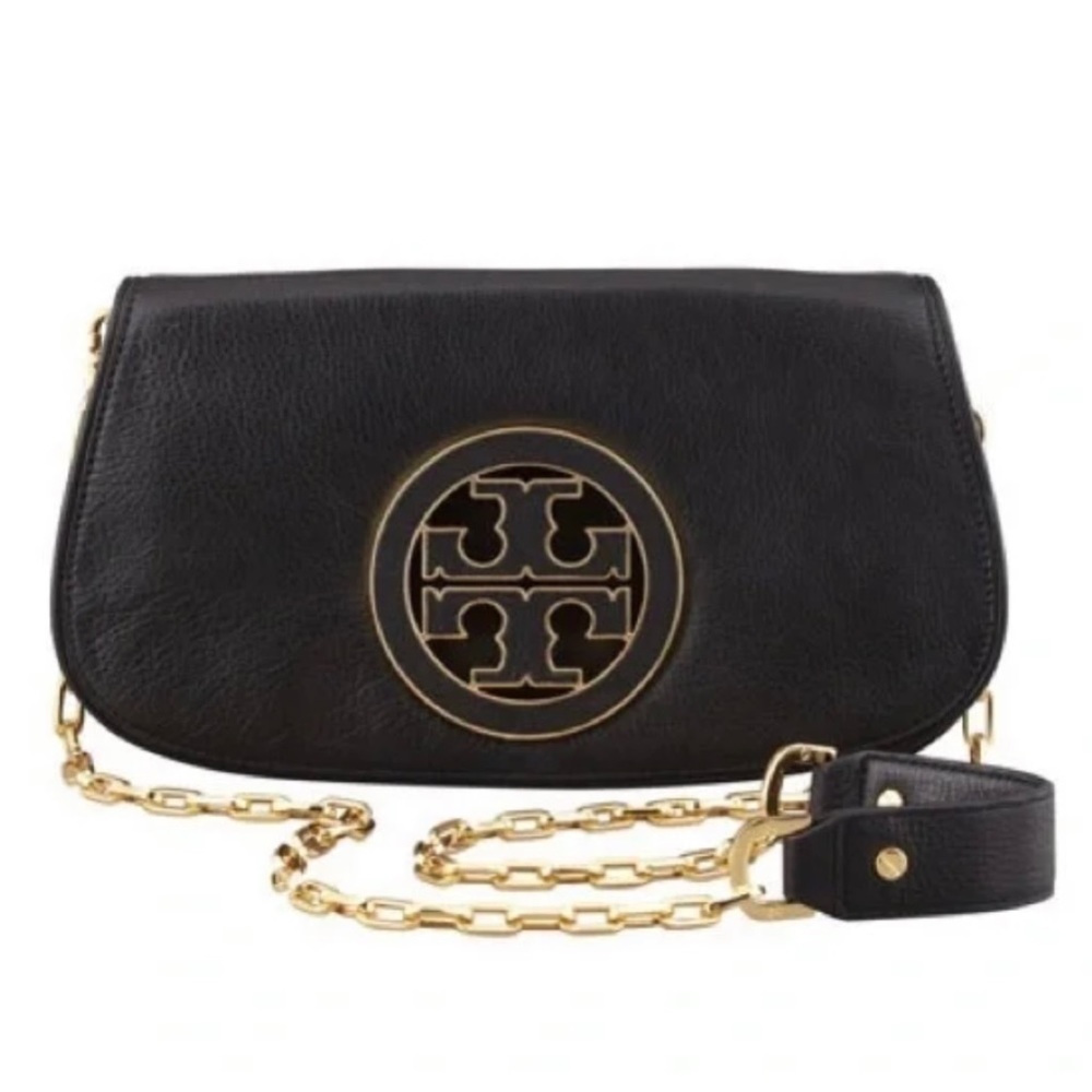Tory Burch Logo Flap Clutch Black and Gold